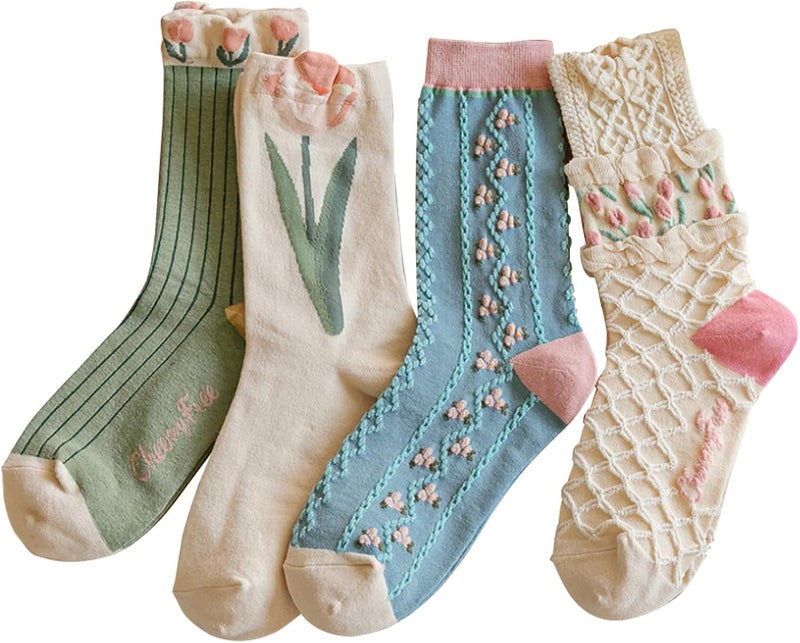 MarJunSep Cute Floral Crew Socks for Women Teen Girls Flower Cottagecore Frilly Vintage Fancy Cotton Socks - Image 1